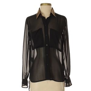 Sheer Black BCBG Button Down Gold Collar Size S
